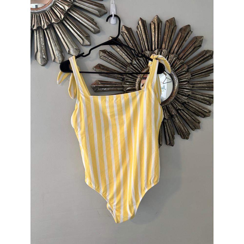 Kona Sol Yellow White Striped Tie Shoulder One‎ Piece Swimsuit Womens Large